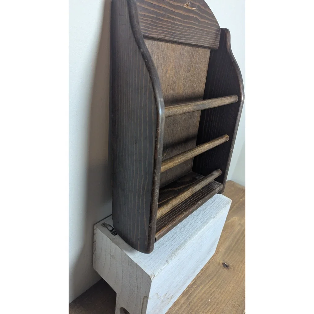 Rustic Dark Brown Wood Wall Mount Magazine Rack Arched Top Display 3 Spindle 15